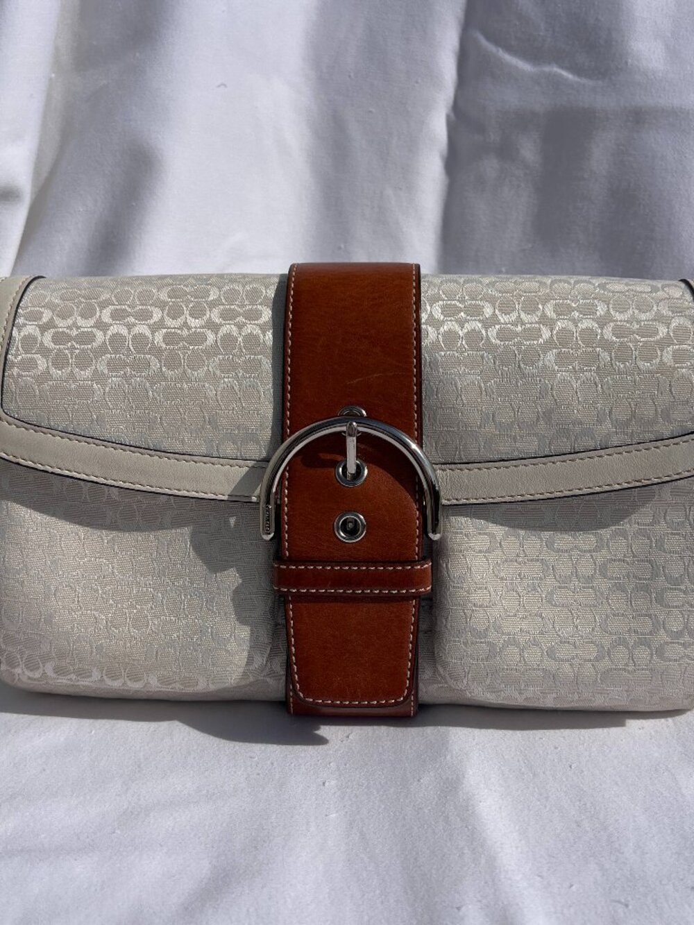 Coach Ivory White Soho Pocket Jacquard Canvas Brown Leather Style 1463